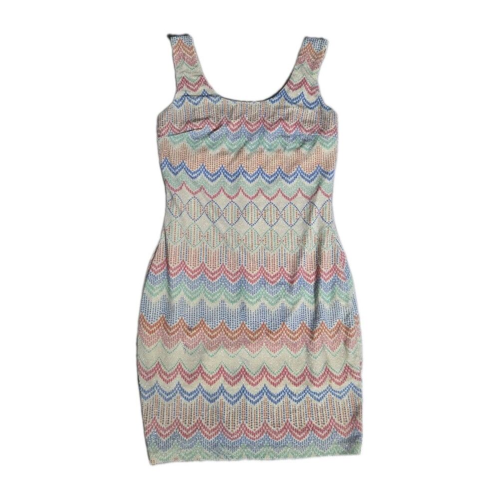 Aniina Cream Multicolor Chevron Knit Bodycon Midi Dress Strappy Back Size M GUC